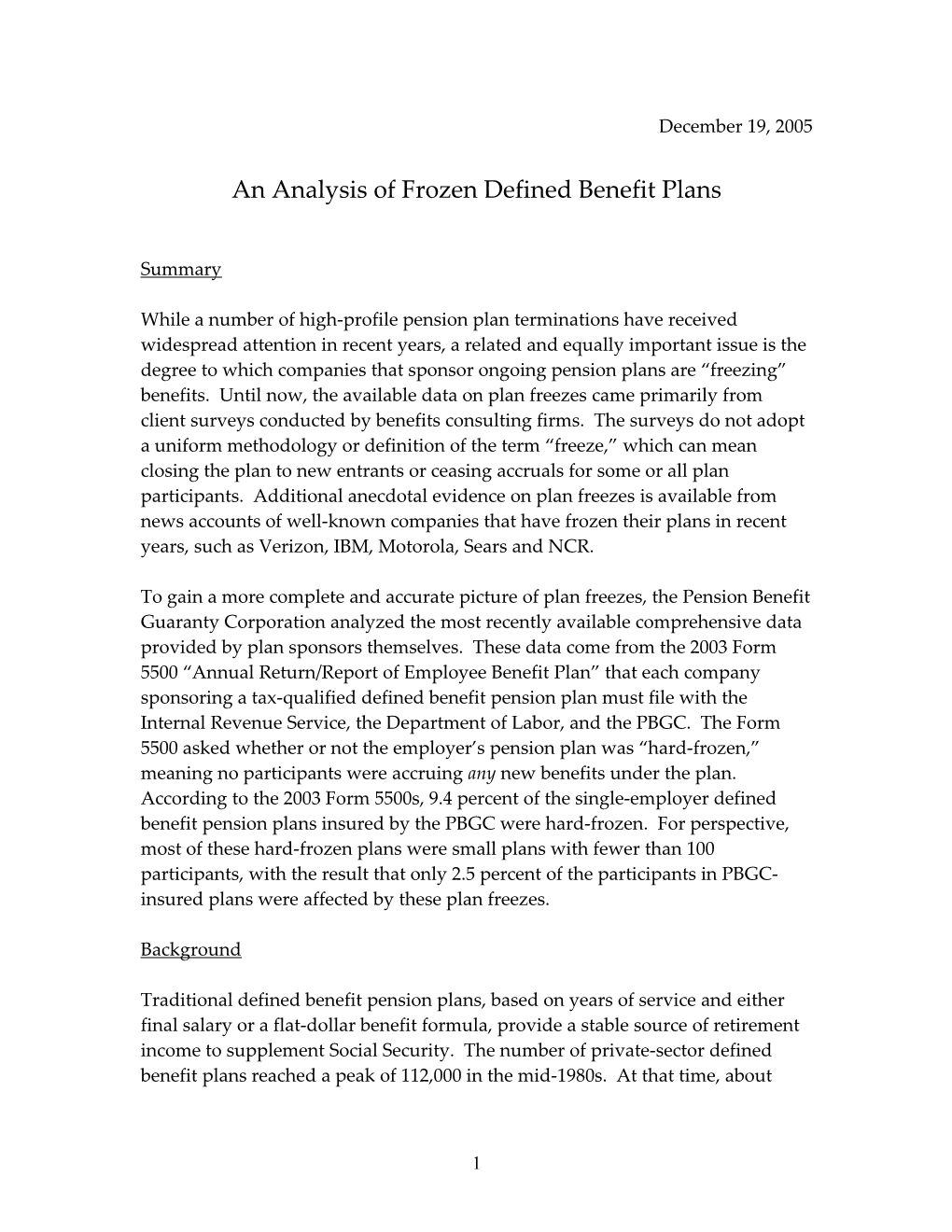 An Analysis of Frozen Defined Benefit Plans