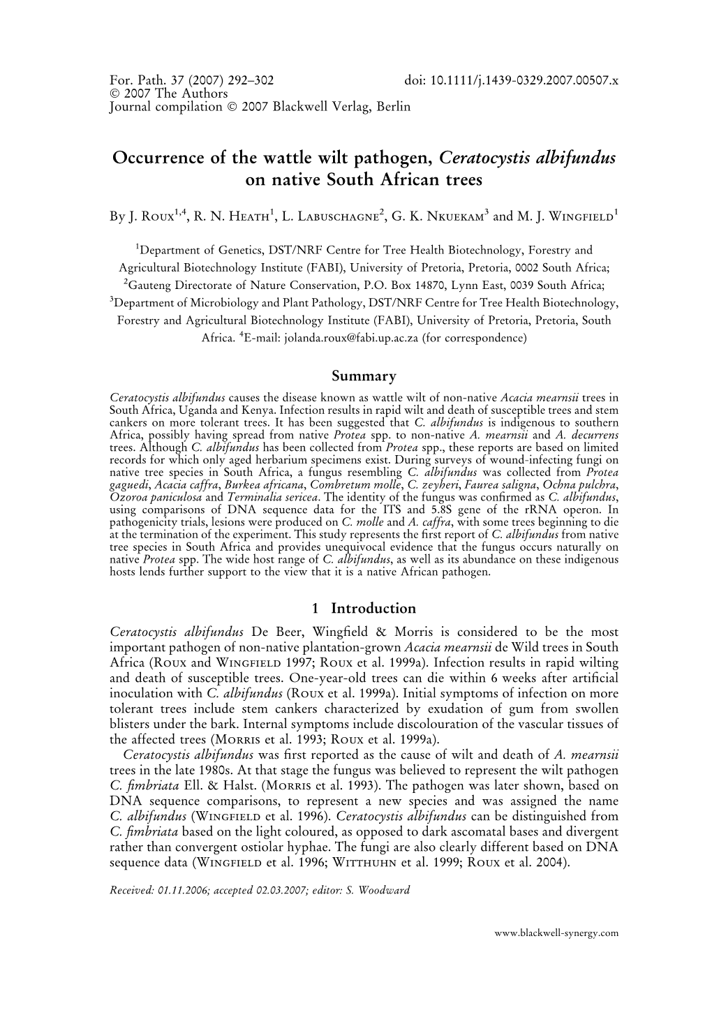 Occurrence of the Wattle Wilt Pathogen, Ceratocystis Albifundus on Native South African Trees