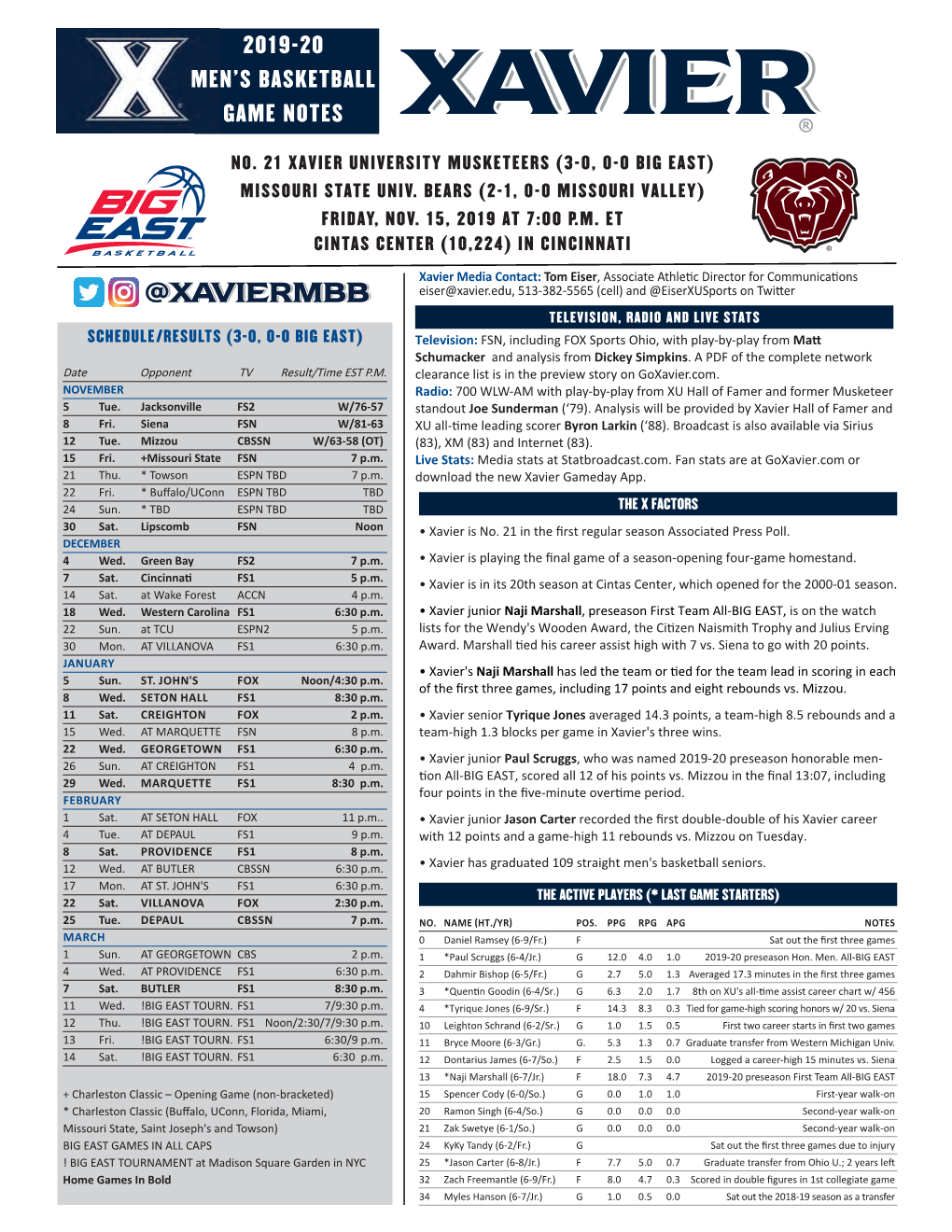 2019-20 Men's Basketball Game Notes