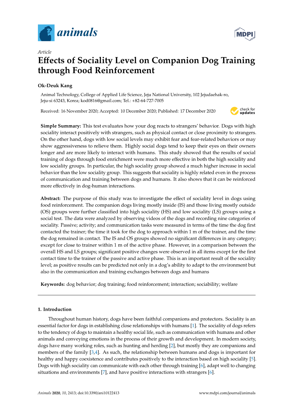 Effects of Sociality Level on Companion Dog Training Through Food Reinforcement