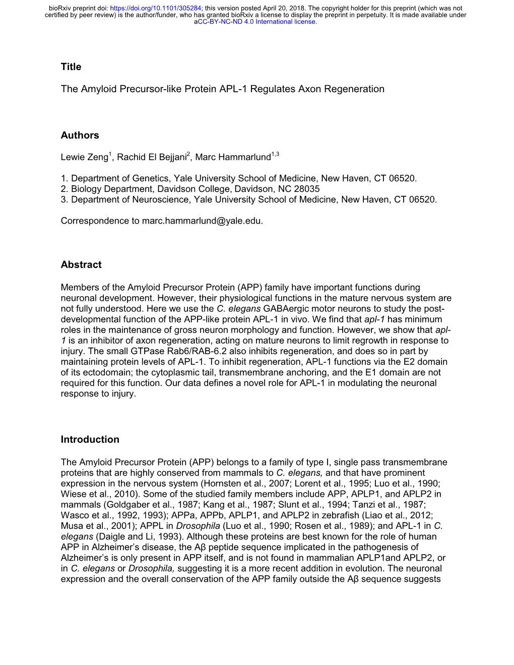 The Amyloid Precursor-Like Protein APL-1 Regulates Axon Regeneration