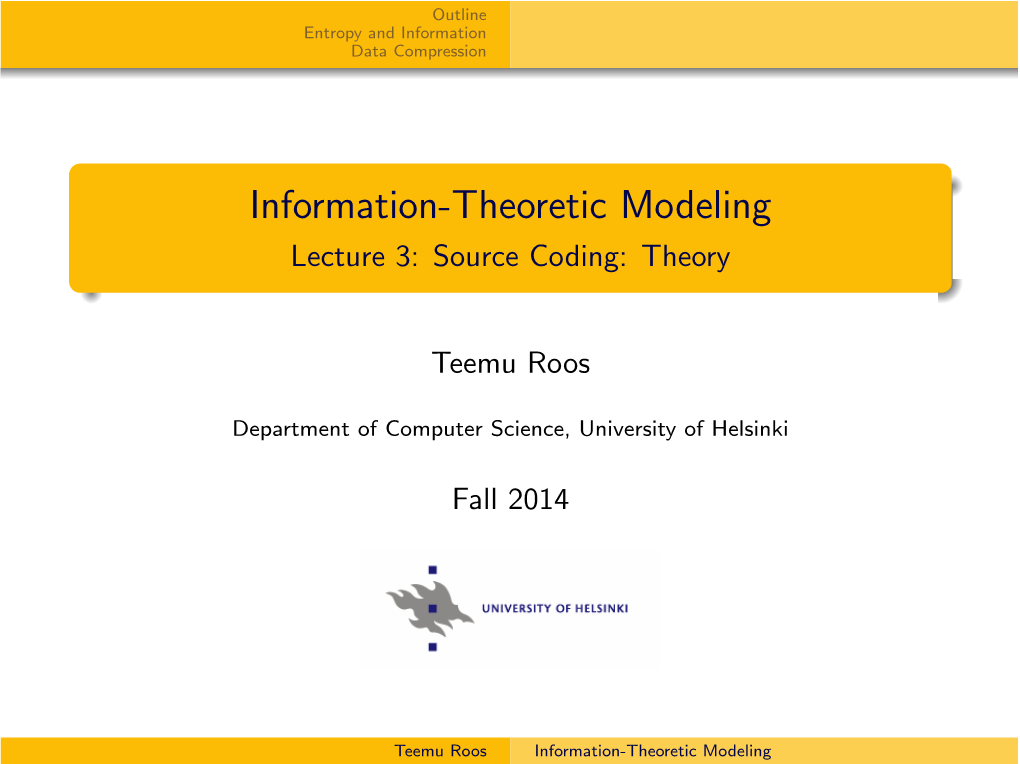 Information-Theoretic Modeling Lecture 3: Source Coding: Theory