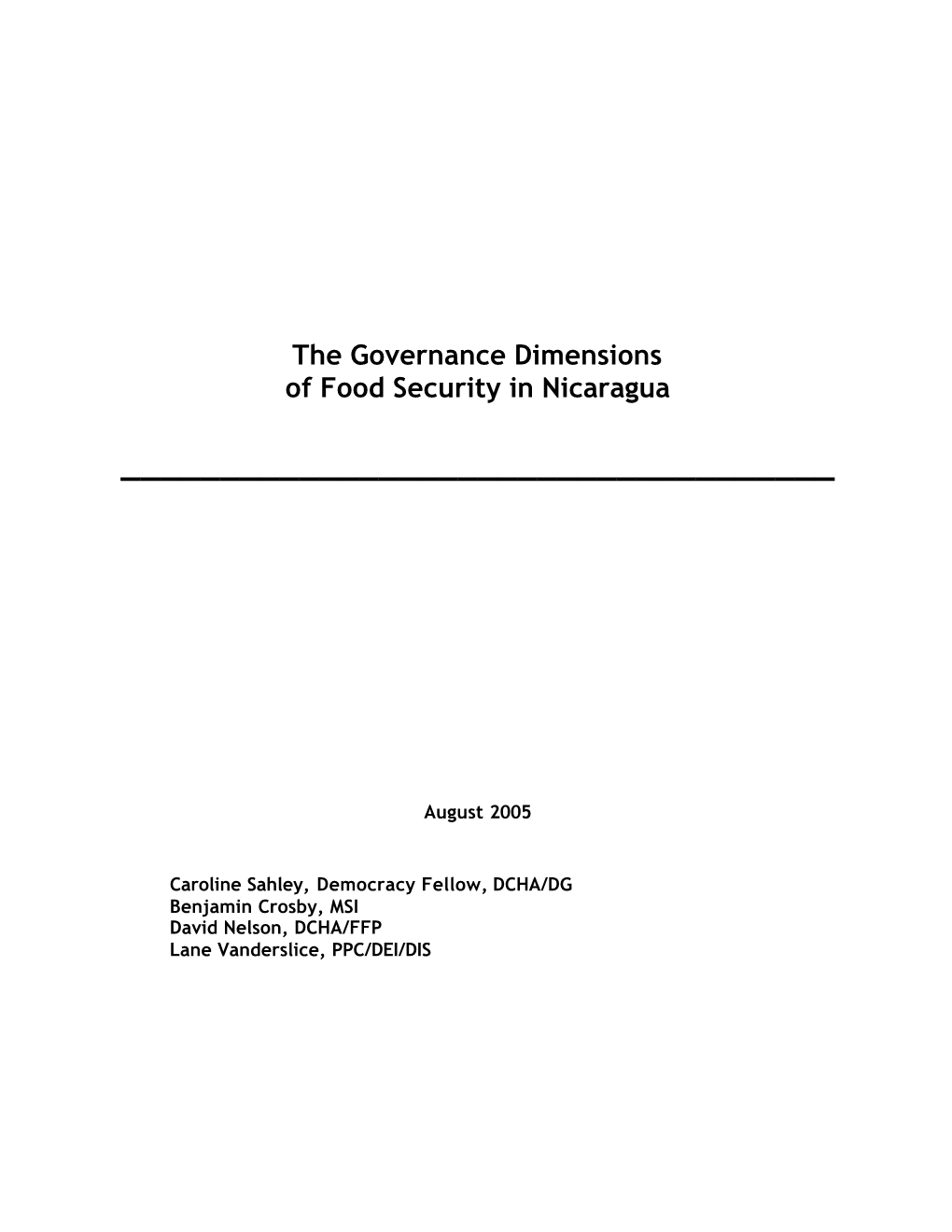 The Governance Dimensions of Food Security in Nicaragua