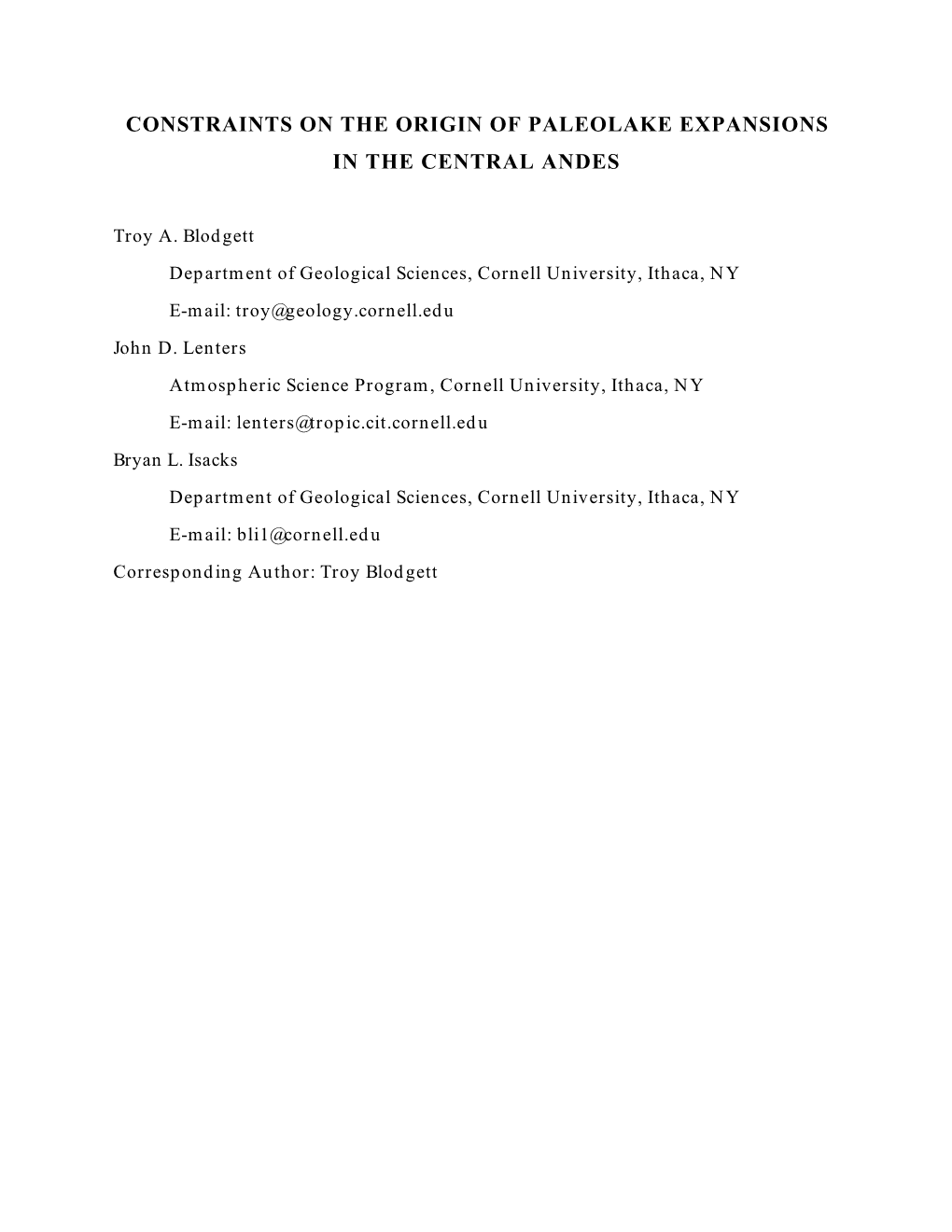 Contraints on the Origin of Paleolake Expansions in the Central Andes