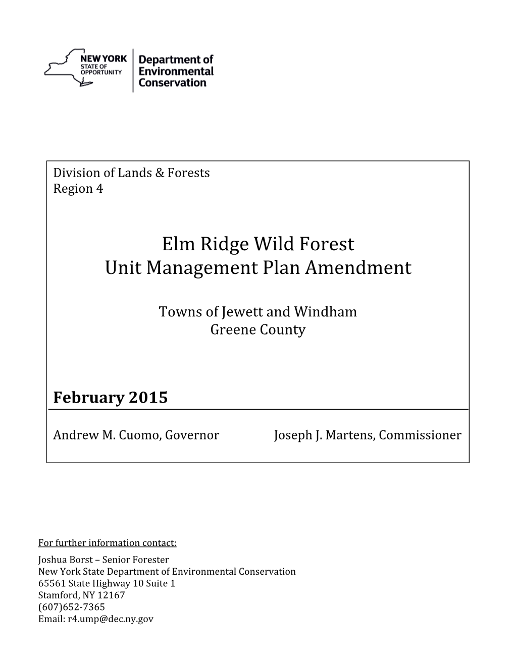 Elm Ridge Wild Forest Unit Management Plan Amendment