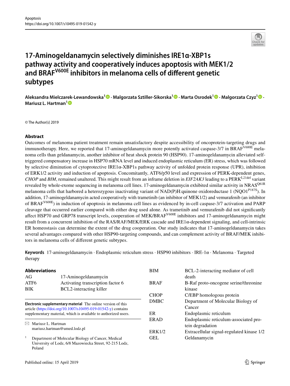 17-Aminogeldanamycin Selectively Diminishes Ire1α-Xbp1s Pathway