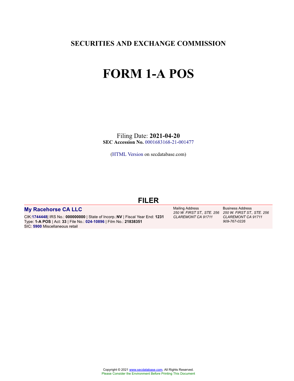 My Racehorse CA LLC Form 1-A POS Filed 2021-04-20