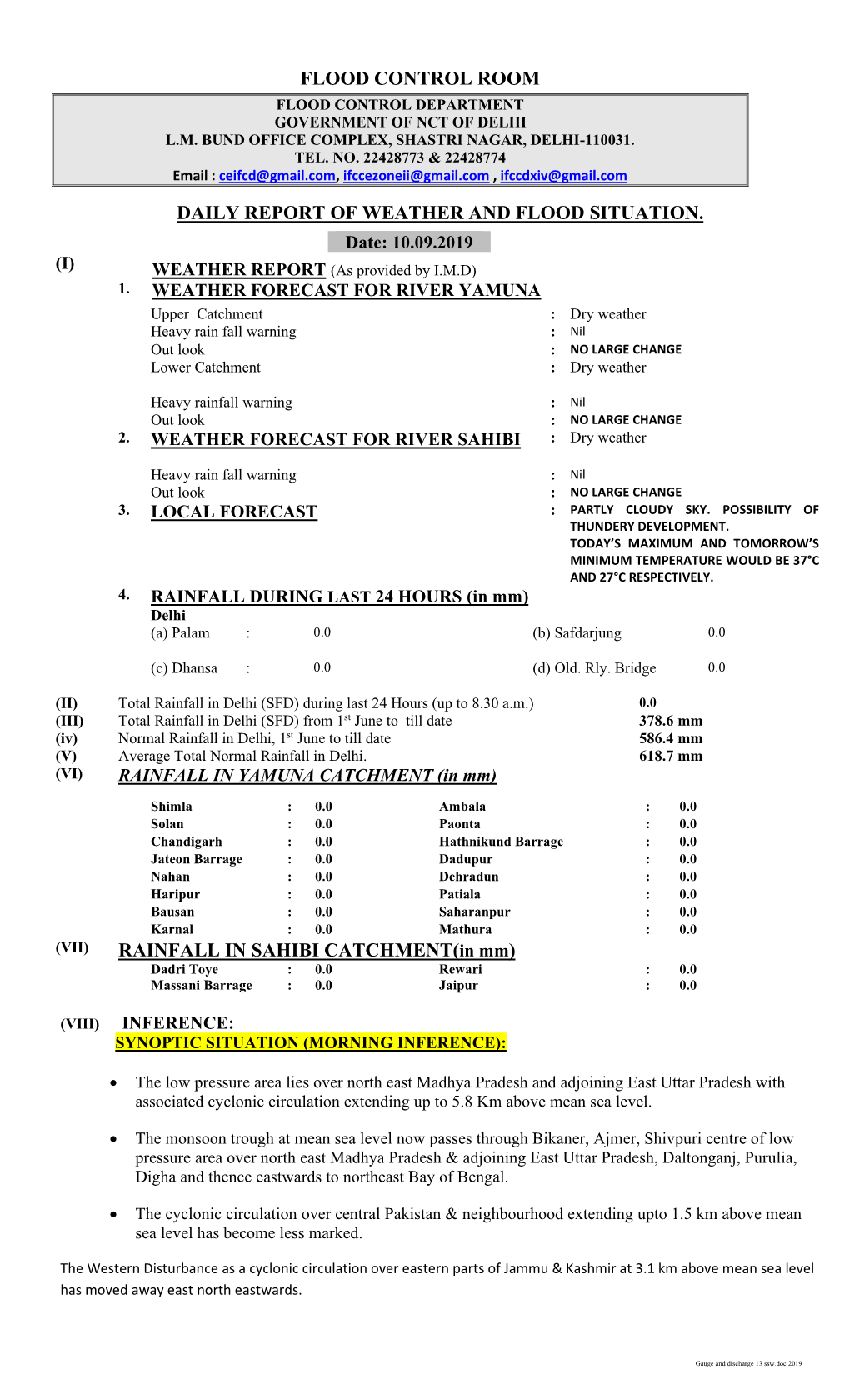 FLOOD CONTROL ROOM DAILY REPORT of WEATHER and FLOOD SITUATION. RAINFALL in SAHIBI CATCHMENT(In