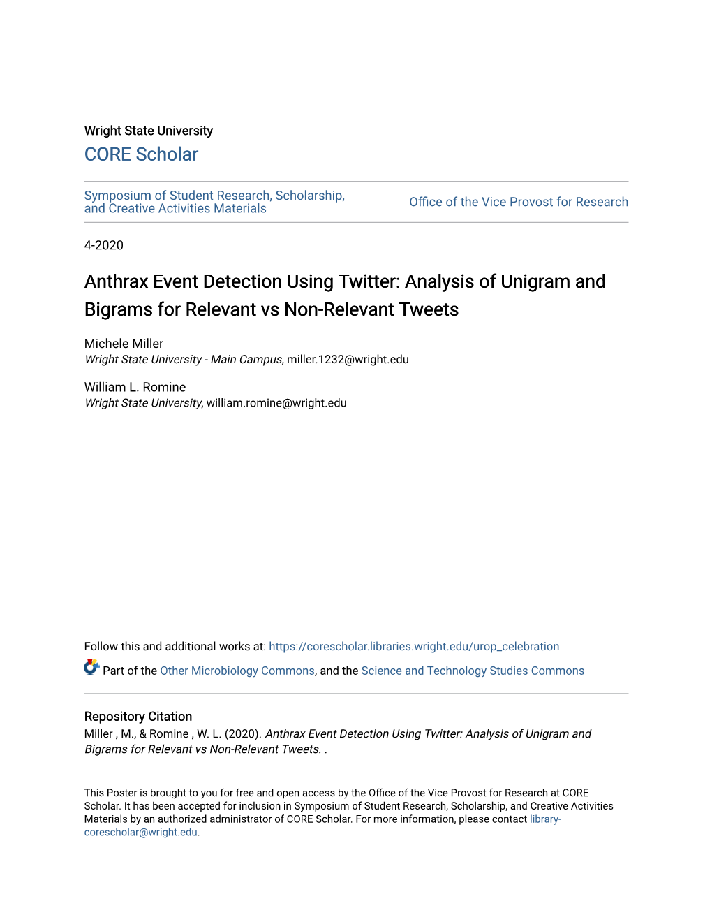 Anthrax Event Detection Using Twitter: Analysis of Unigram and Bigrams for Relevant Vs Non-Relevant Tweets
