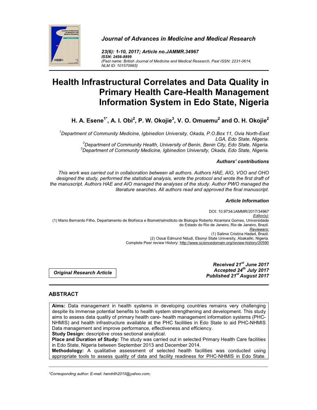 Health Infrastructural Correlates and Data Quality in Primary Health Care-Health Management Information System in Edo State, Nigeria