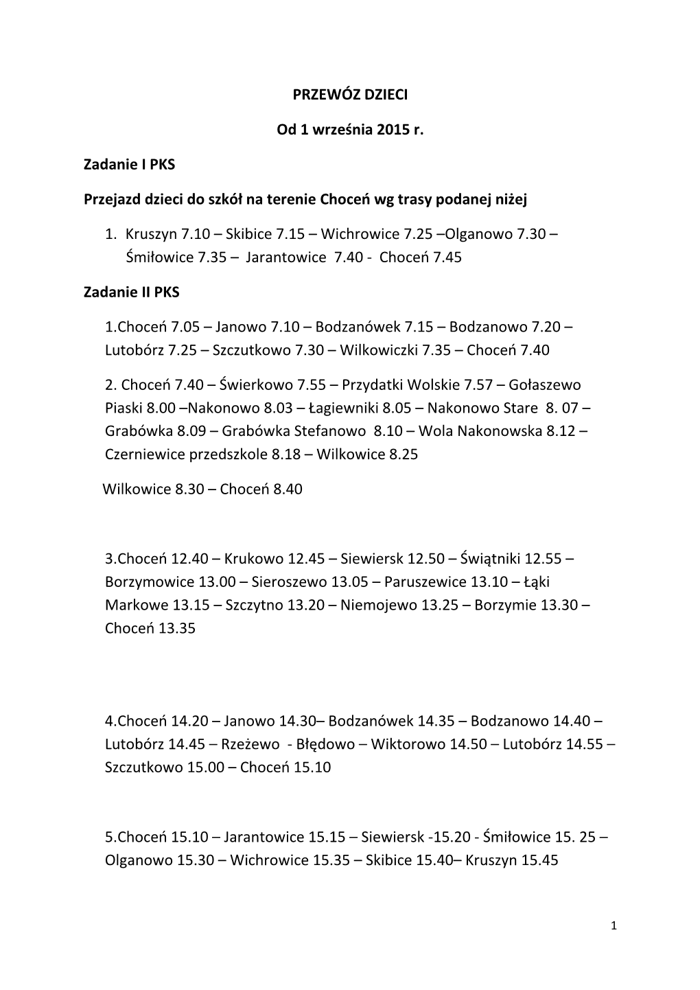 PRZEWÓZ DZIECI Od 1 Września 2015 R. Zadanie I PKS Przejazd