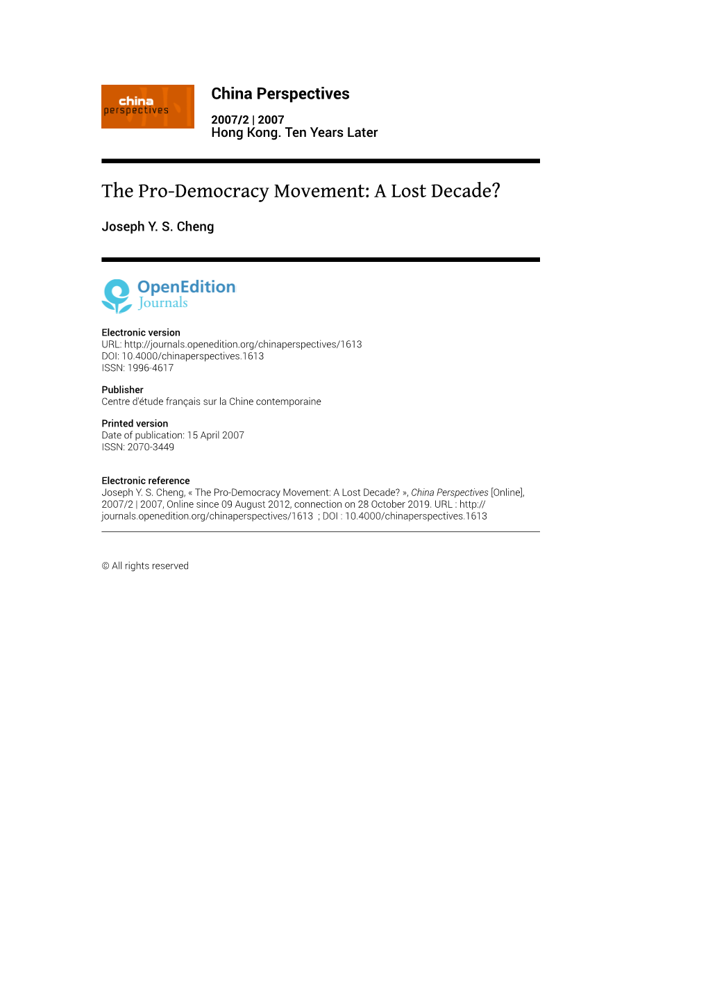 The Pro-Democracy Movement: a Lost Decade?