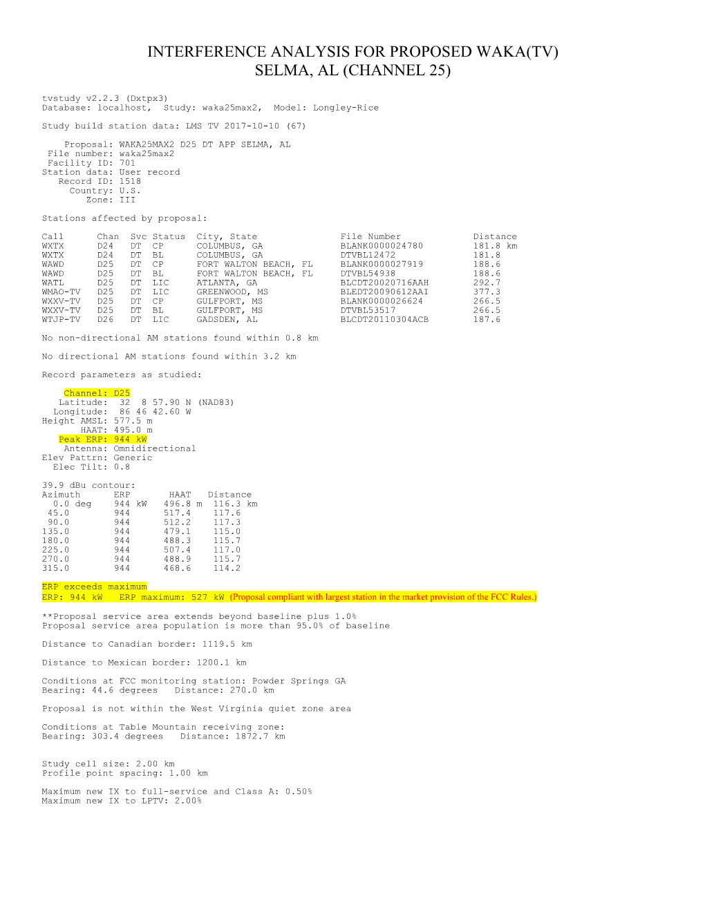 INTERFERENCE ANALYSIS for PROPOSED WAKA(TV) SELMA, AL (CHANNEL 25) Tvstudy V2.2.3 (Dxtpx3) Database: Localhost, Study: Waka25max2, Model: Longley-Rice