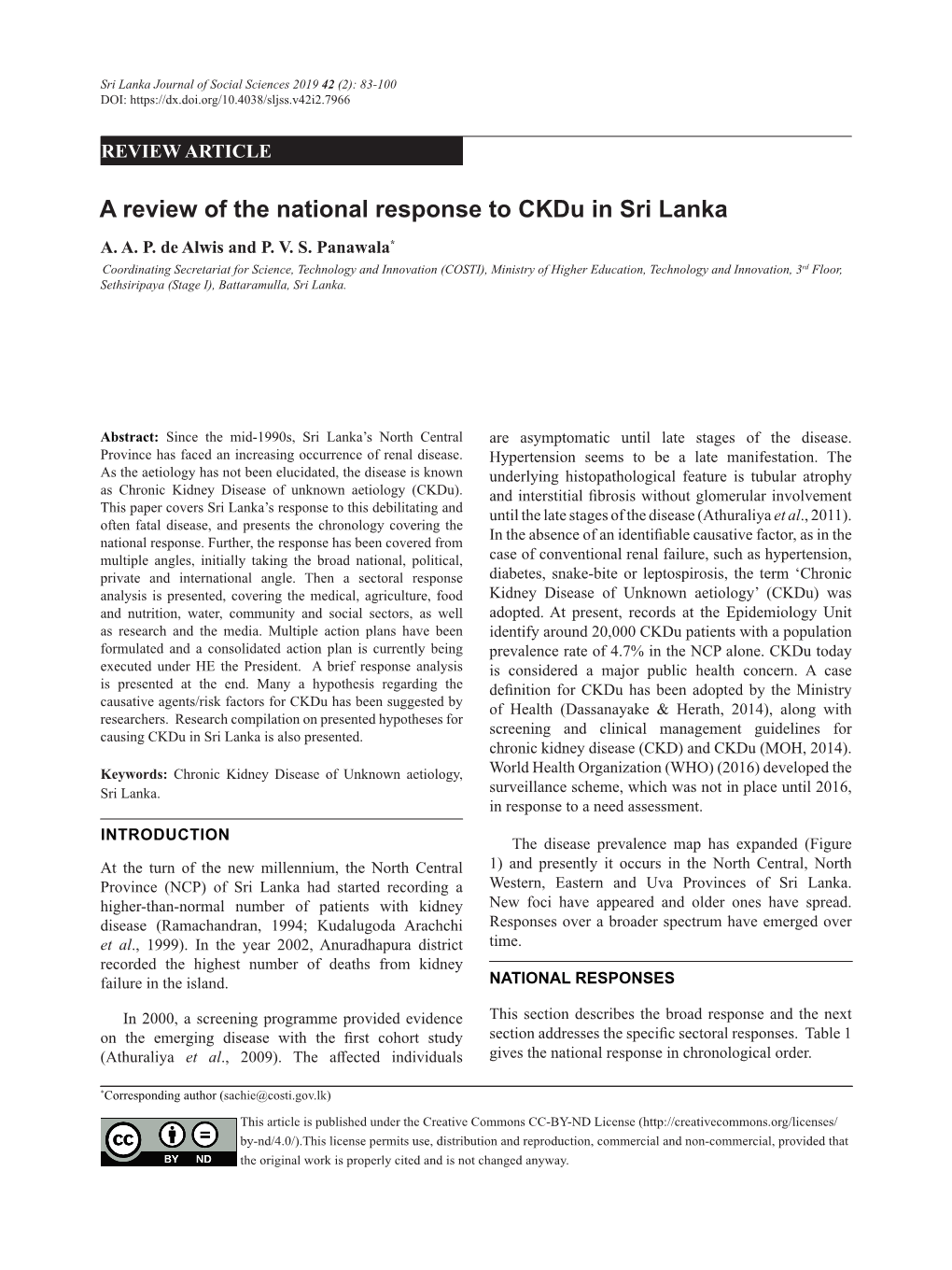 A Review of the National Response to Ckdu in Sri Lanka A