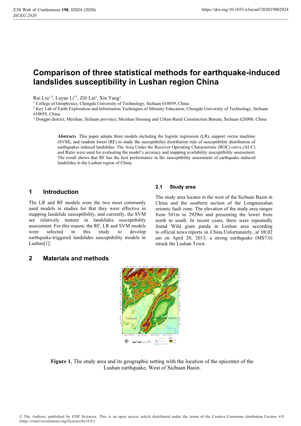Comparison of Three Statistical Methods for Earthquake-Induced Landslides Susceptibility in Lushan Region China