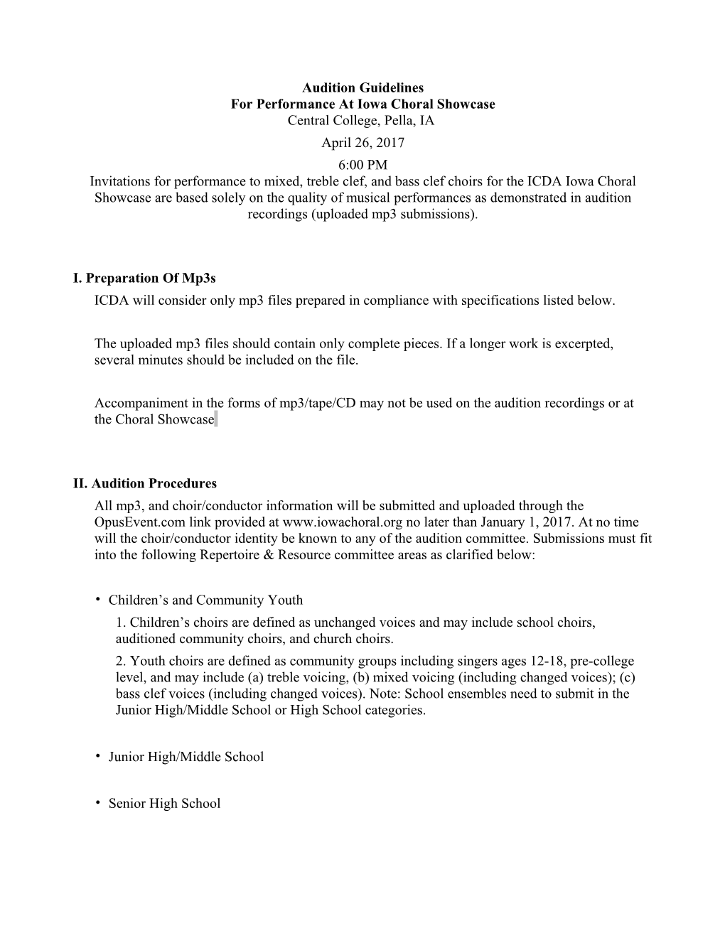 ICDA Will Consider Only Mp3 Files Prepared in Compliance with Specifications Listed Below