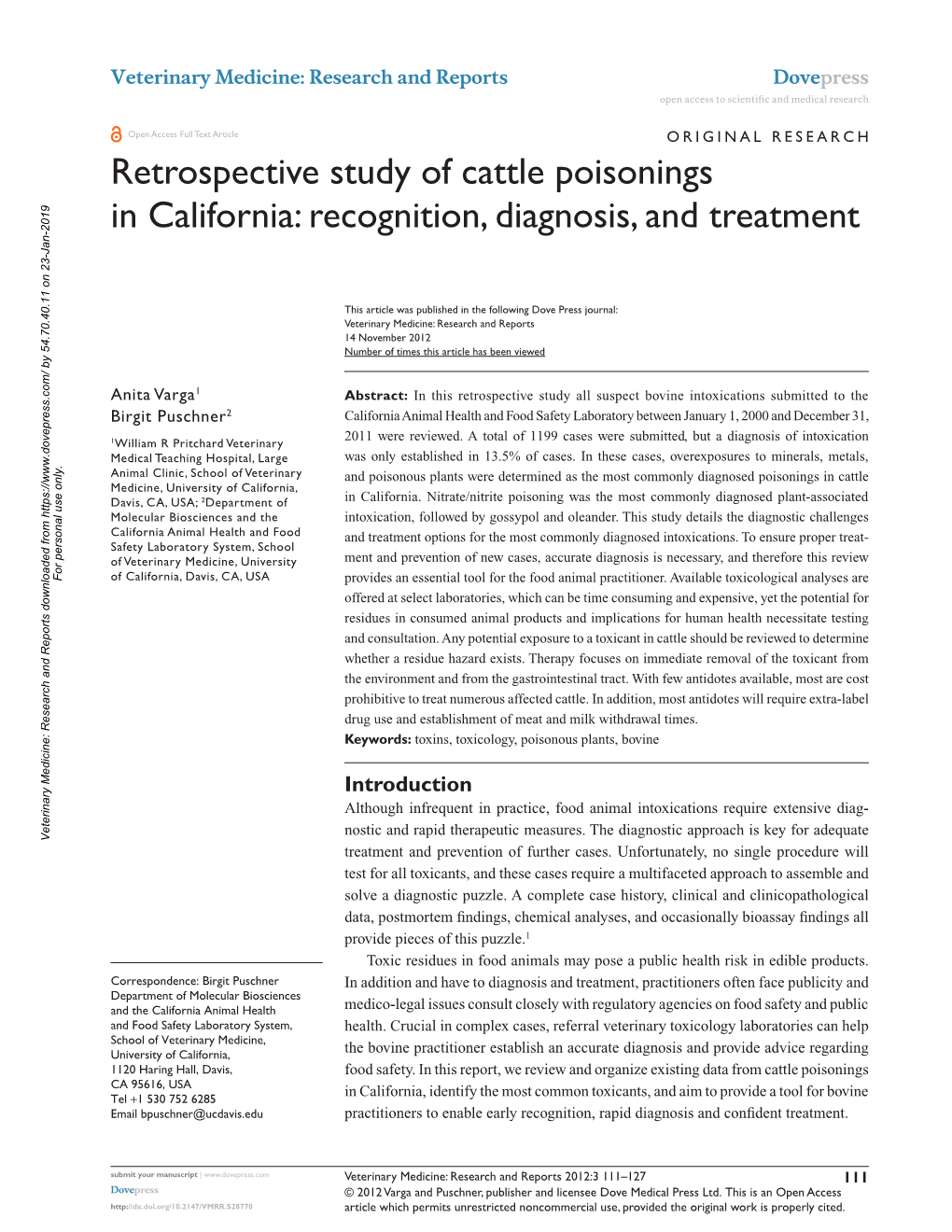 Retrospective Study of Cattle Poisonings in California: Recognition, Diagnosis, and Treatment
