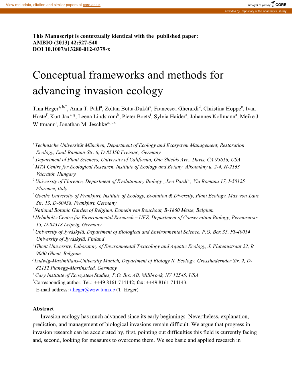 Conceptual Frameworks and Methods for Advancing Invasion Ecology