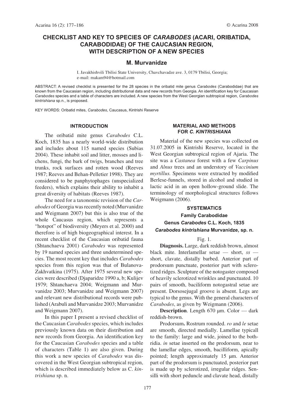 Checklist and Key to Species of Carabodes (Acari, Oribatida, Carabodidae) of the Caucasian Region, with Description of a New Species M