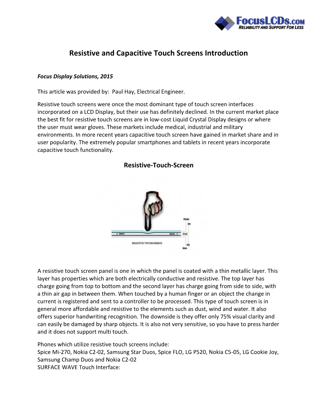 Resistive and Capacitive Touch Screens Introduction