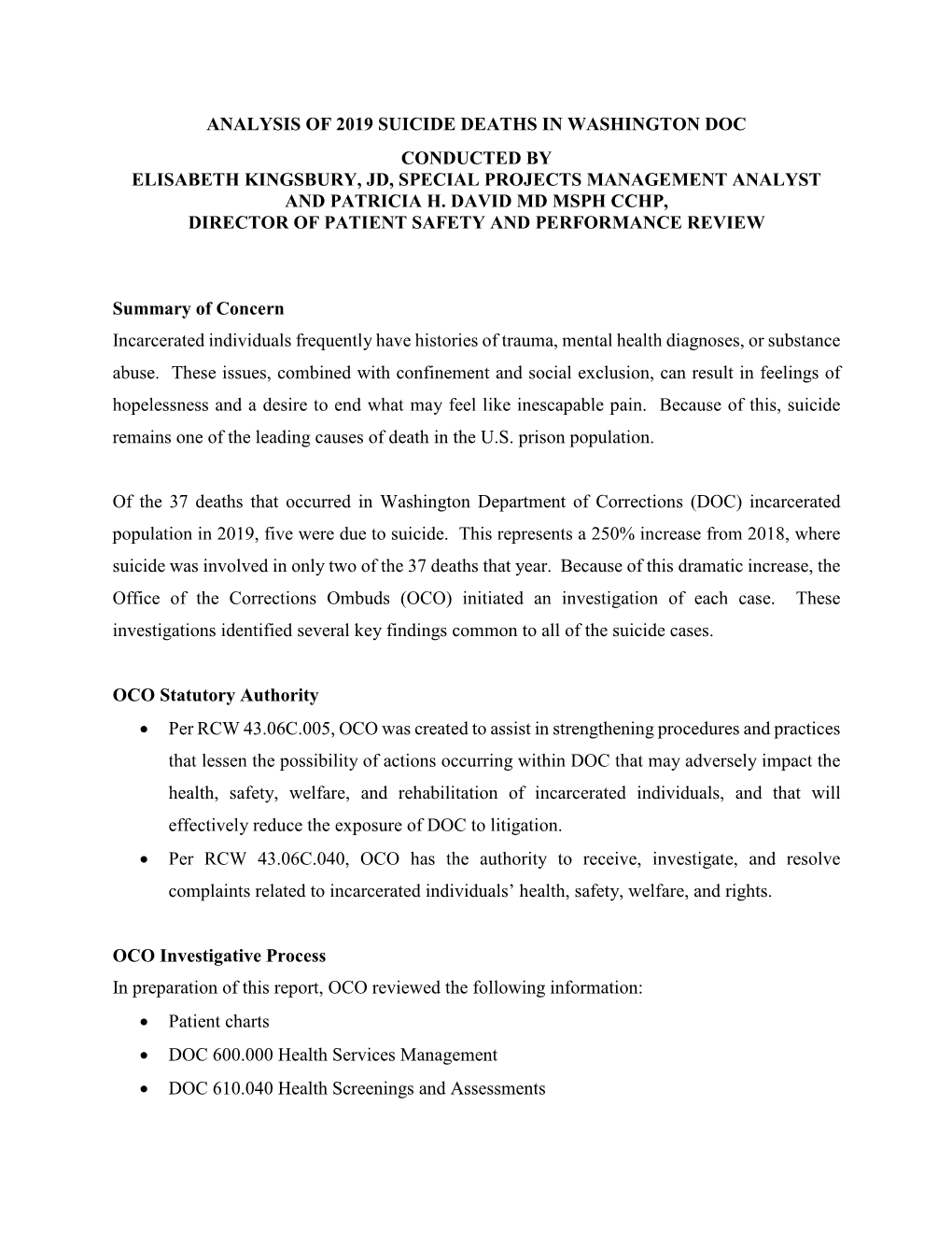 Analysis of 2019 Suicide Deaths in Washington Doc Conducted by Elisabeth Kingsbury, Jd, Special Projects Management Analyst and Patricia H