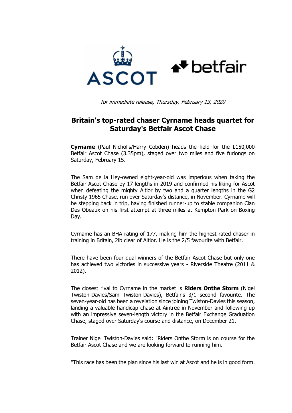 Britain's Top-Rated Chaser Cyrname Heads Quartet for Saturday's Betfair Ascot Chase