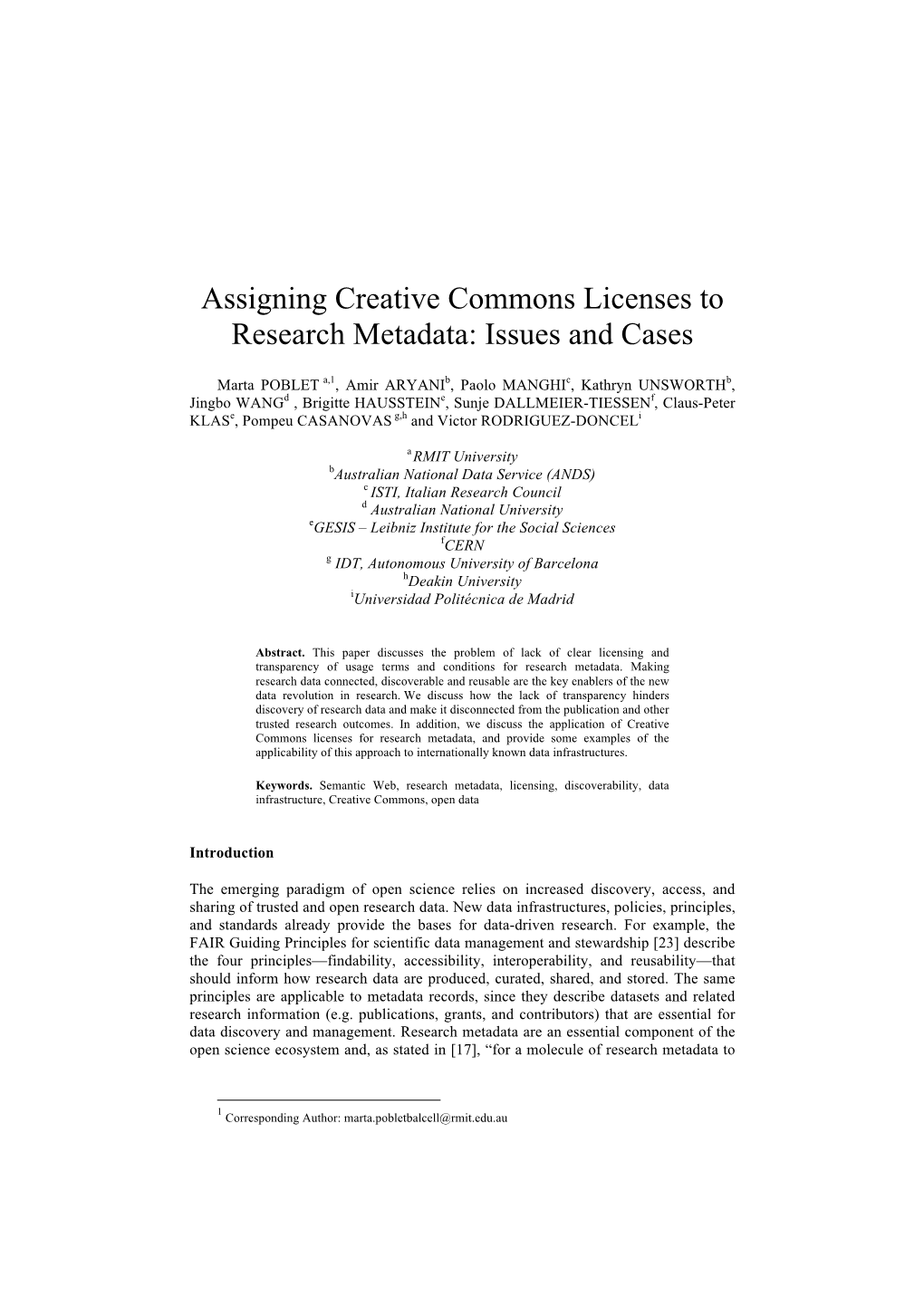 Assigning Creative Commons Licenses to Research Metadata: Issues and Cases