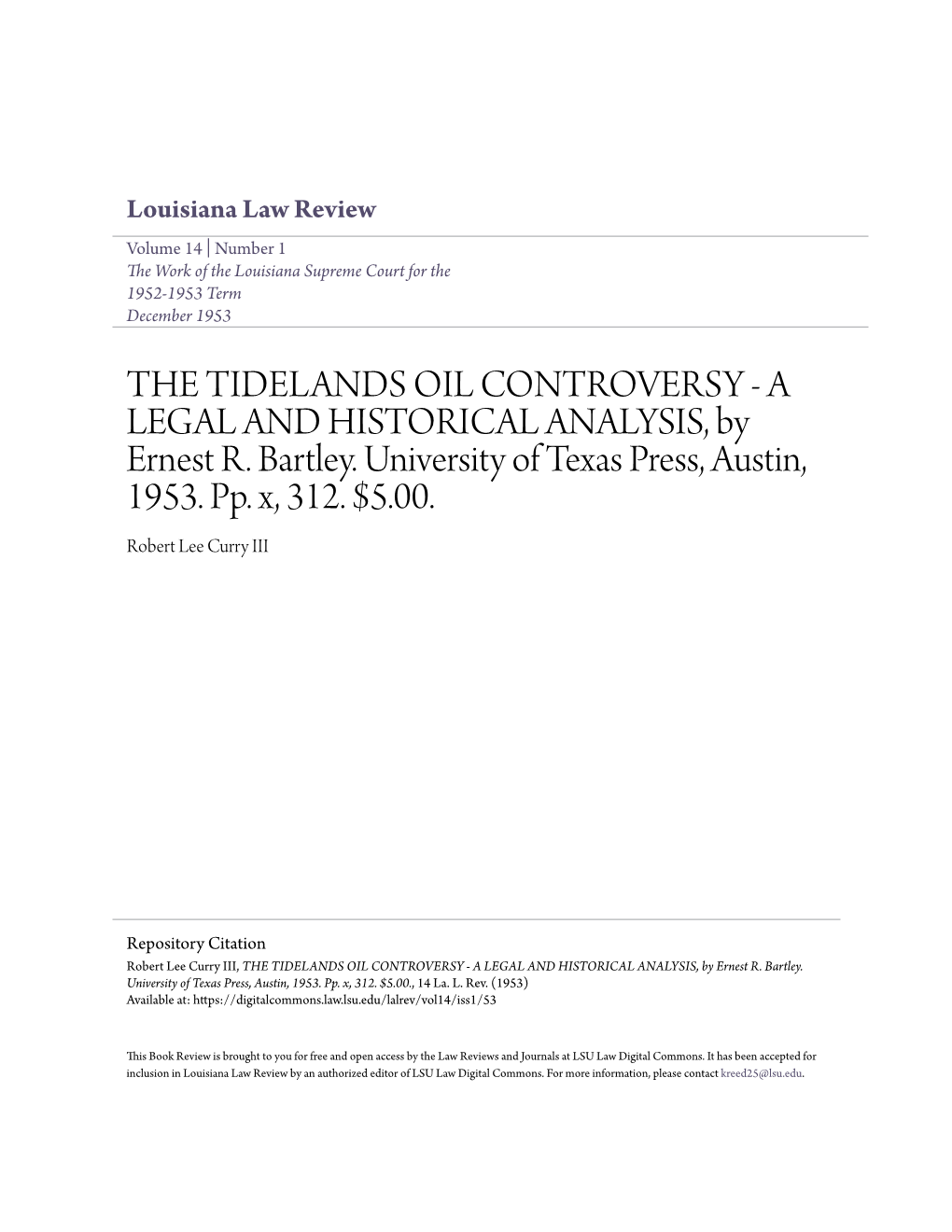 THE TIDELANDS OIL CONTROVERSY - a LEGAL and HISTORICAL ANALYSIS, by Ernest R