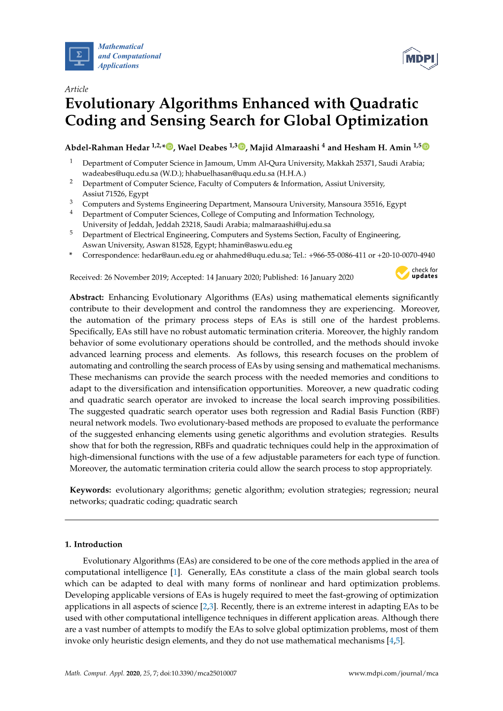 Evolutionary Algorithms Enhanced with Quadratic Coding and Sensing Search for Global Optimization