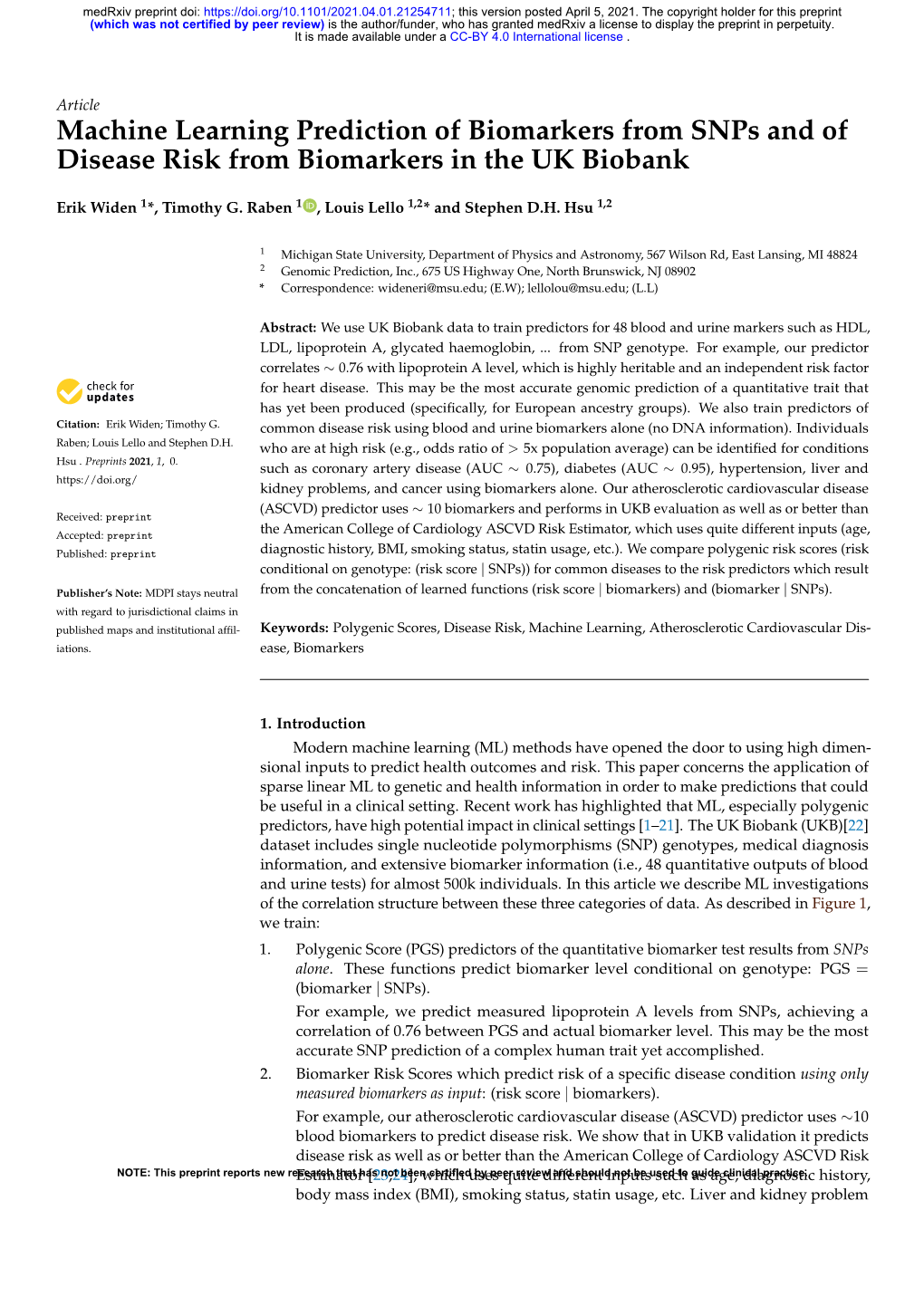 Machine Learning Prediction of Biomarkers from Snps and of Disease Risk from Biomarkers in the UK Biobank