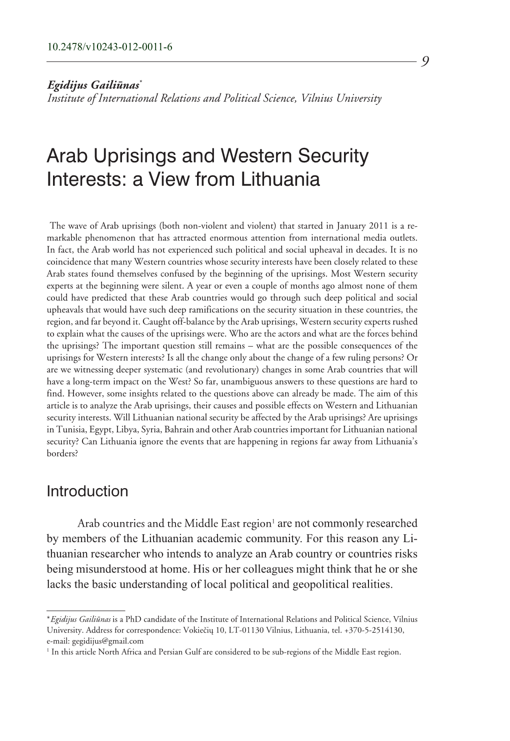 Arab Uprisings and Western Security Interests: a View from Lithuania