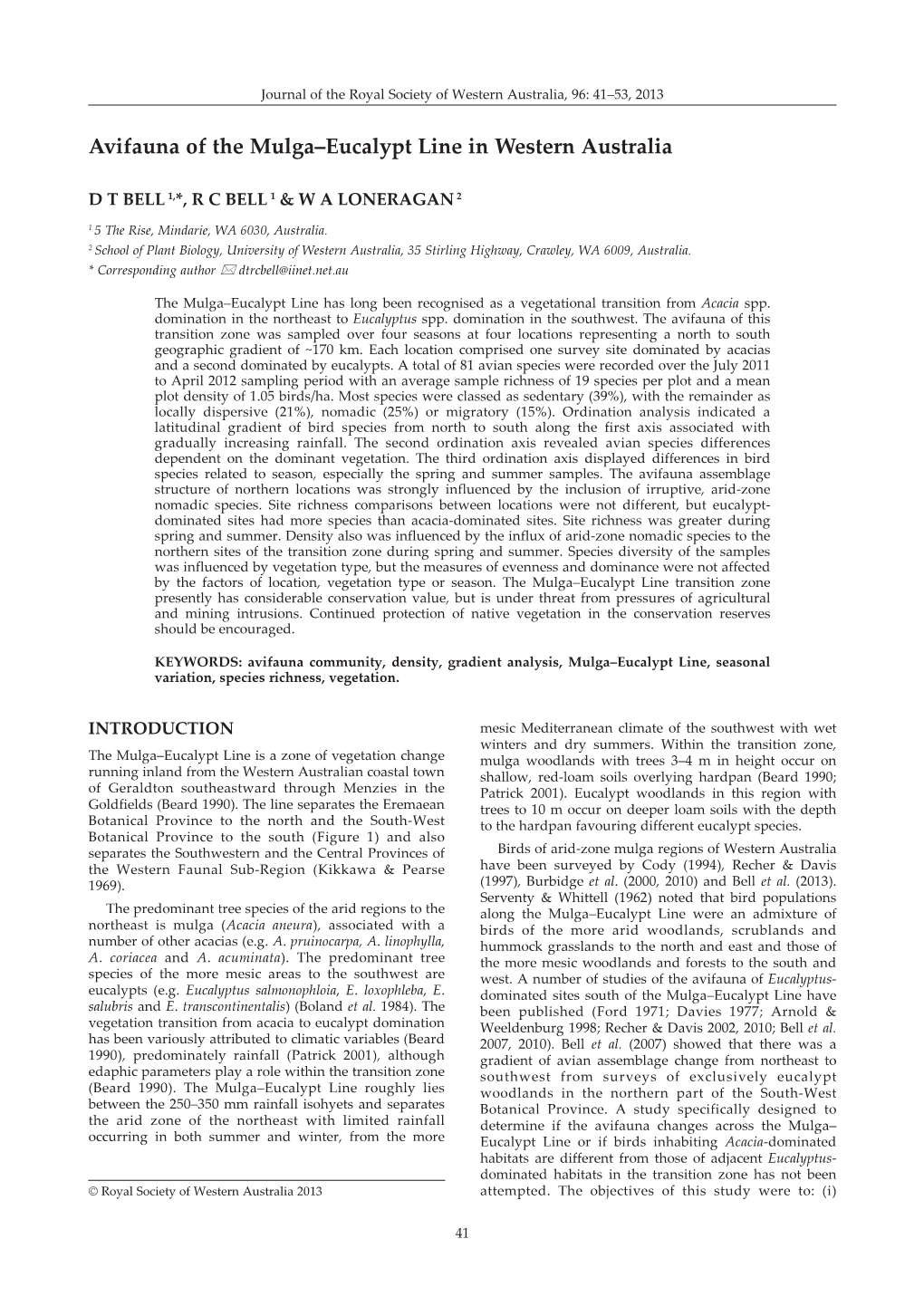 Avifauna of the Mulga–Eucalypt Line in Western Australia