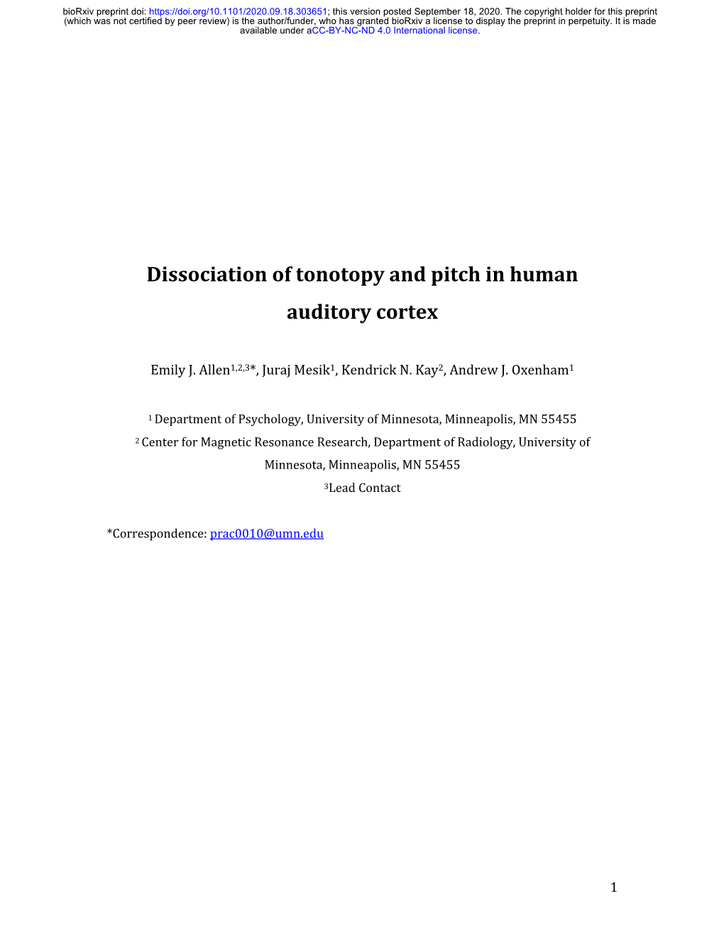 Dissociation of Tonotopy and Pitch in Human Auditory Cortex
