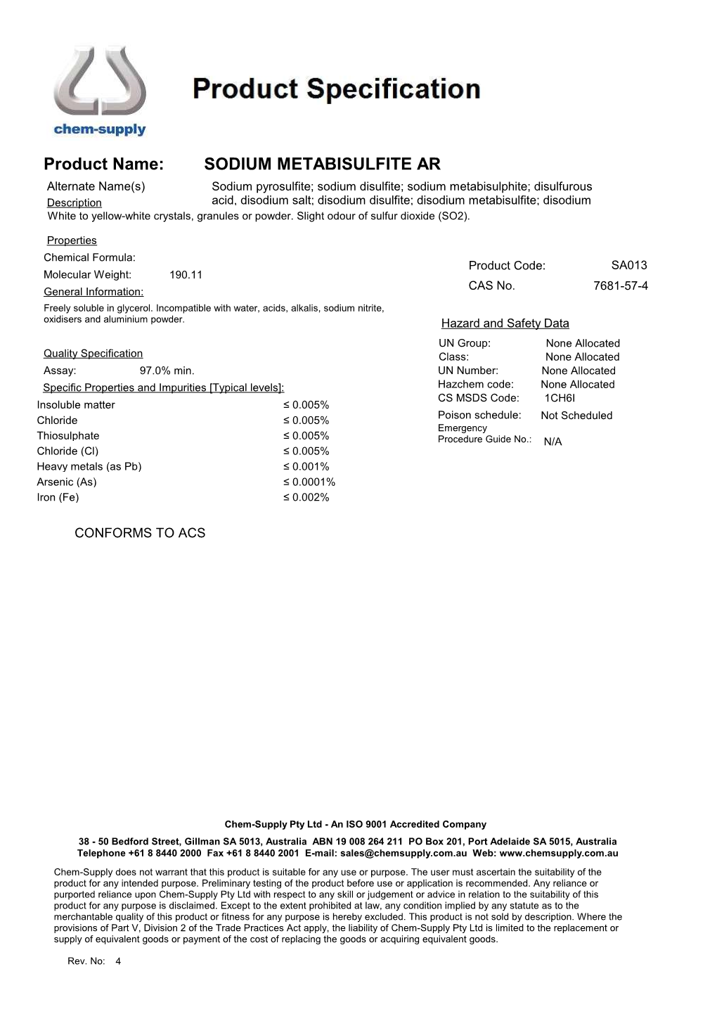 Product Name: SODIUM METABISULFITE AR