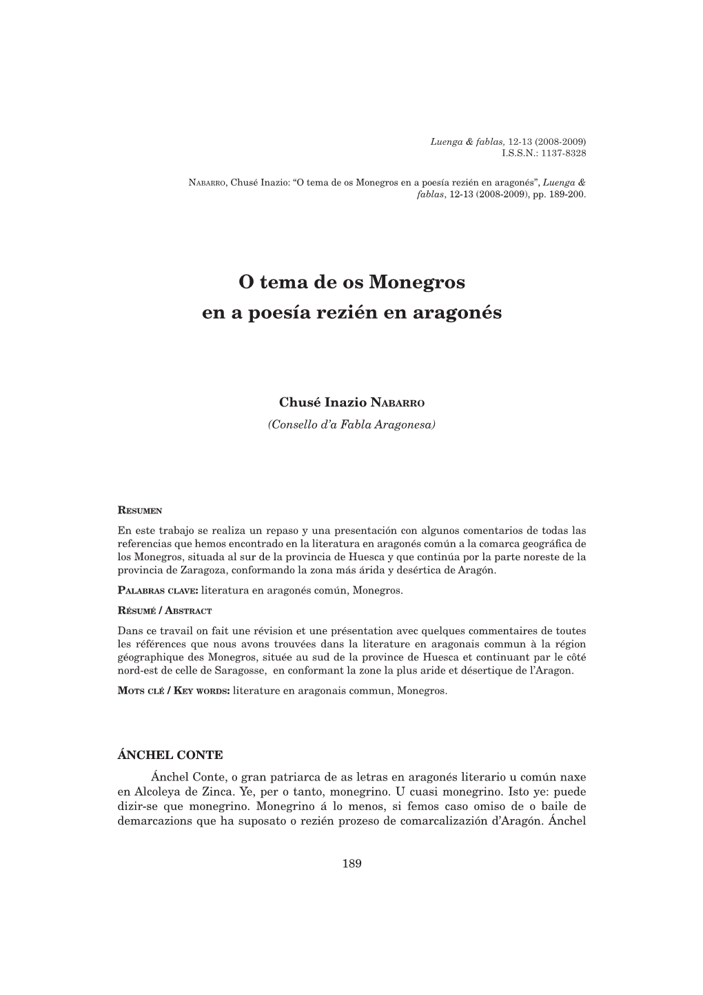 O Tema De Os Monegros En a Poesía Rezién En Aragonés”, Luenga & Fablas, 12-13 (2008-2009), Pp