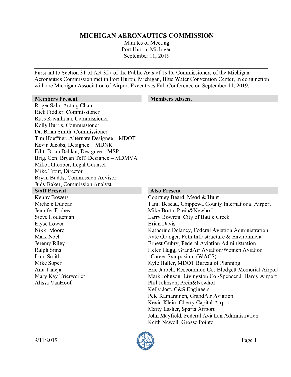 MICHIGAN AERONAUTICS COMMISSION Minutes of Meeting Port Huron, Michigan September 11, 2019