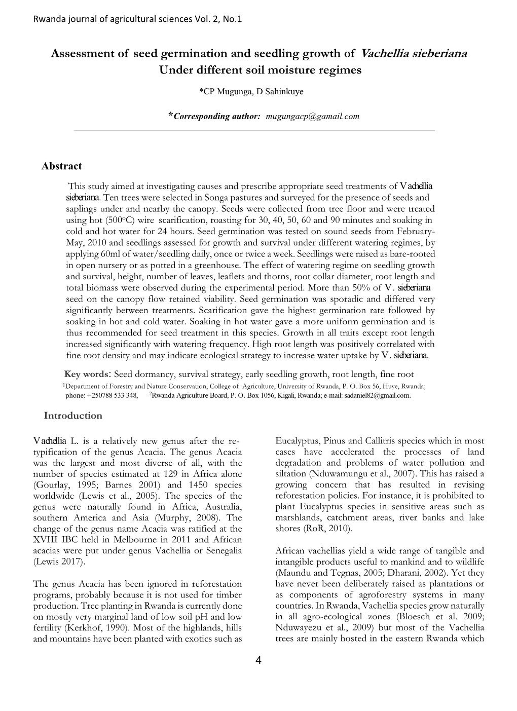 Assessment of Seed Germination and Seedling Growth of Vachellia Sieberiana Under Different Soil Moisture Regimes