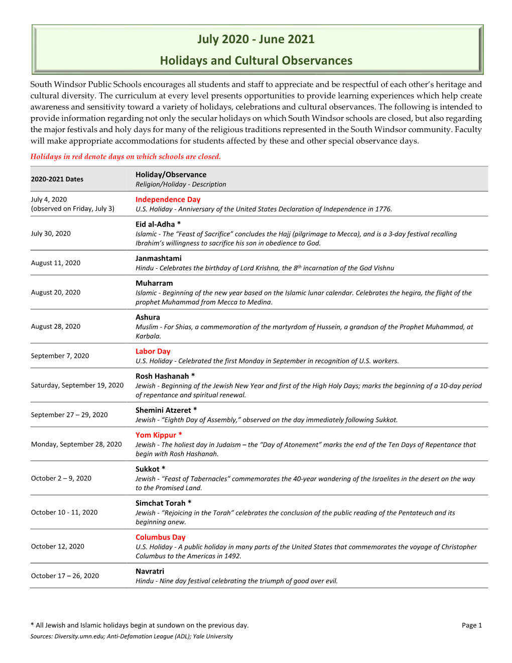 July 2020 - June 2021 Holidays and Cultural Observances