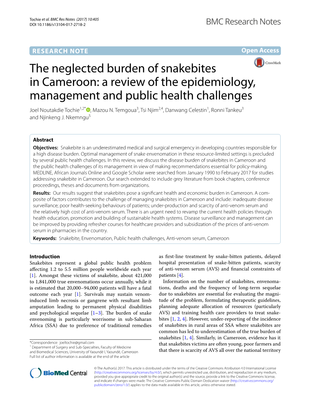 The Neglected Burden of Snakebites in Cameroon: a Review of the Epidemiology, Management and Public Health Challenges Joel Noutakdie Tochie1,2* , Mazou N
