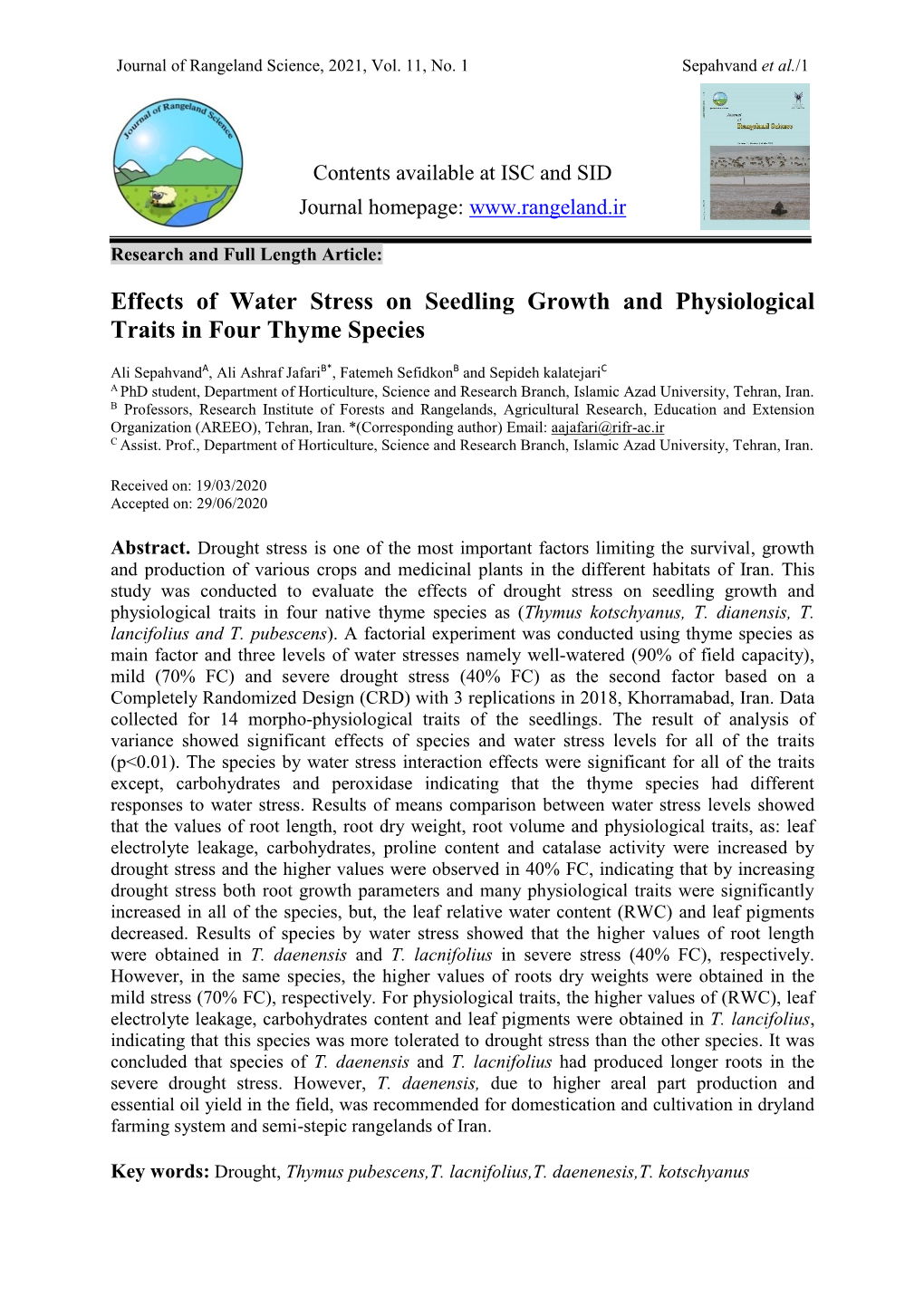 Effects of Water Stress on Seedling Growth and Physiological Traits in Four Thyme Species