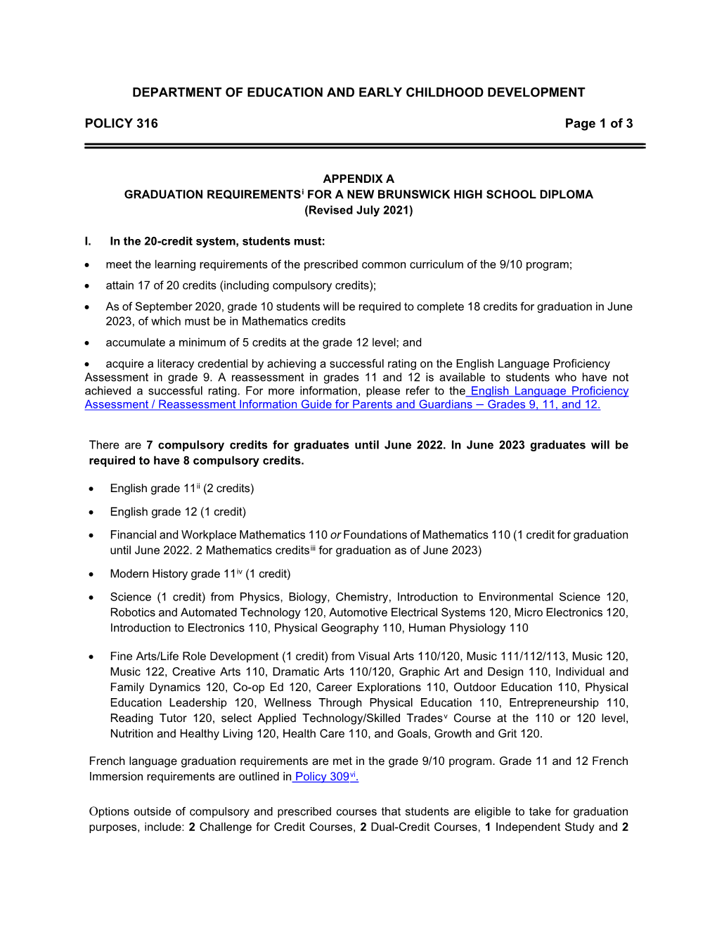 Graduation Requirements for a New Brunswick High School Diploma