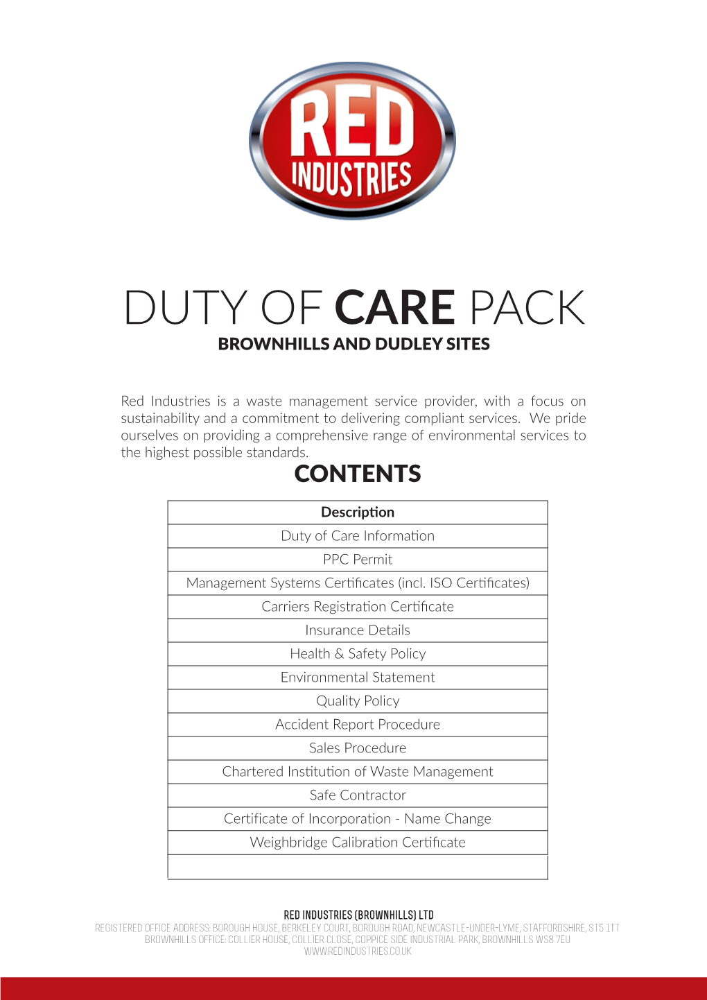 Duty of Care Pack Brownhills and Dudley Sites