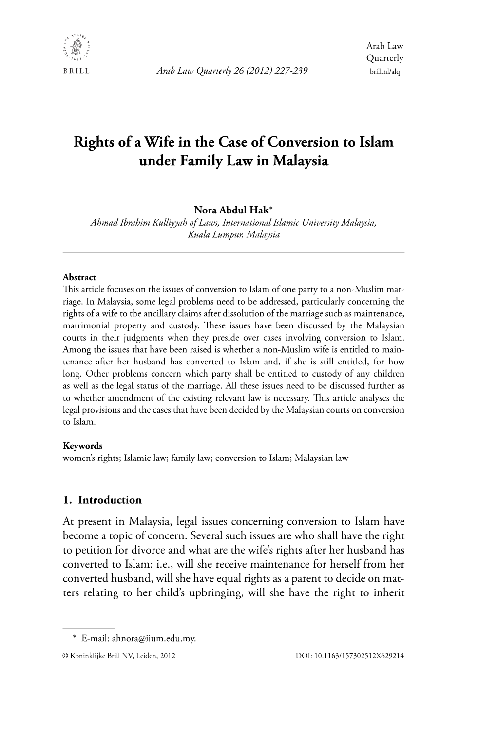 Rights of a Wife in the Case of Conversion to Islam Under Family Law in Malaysia