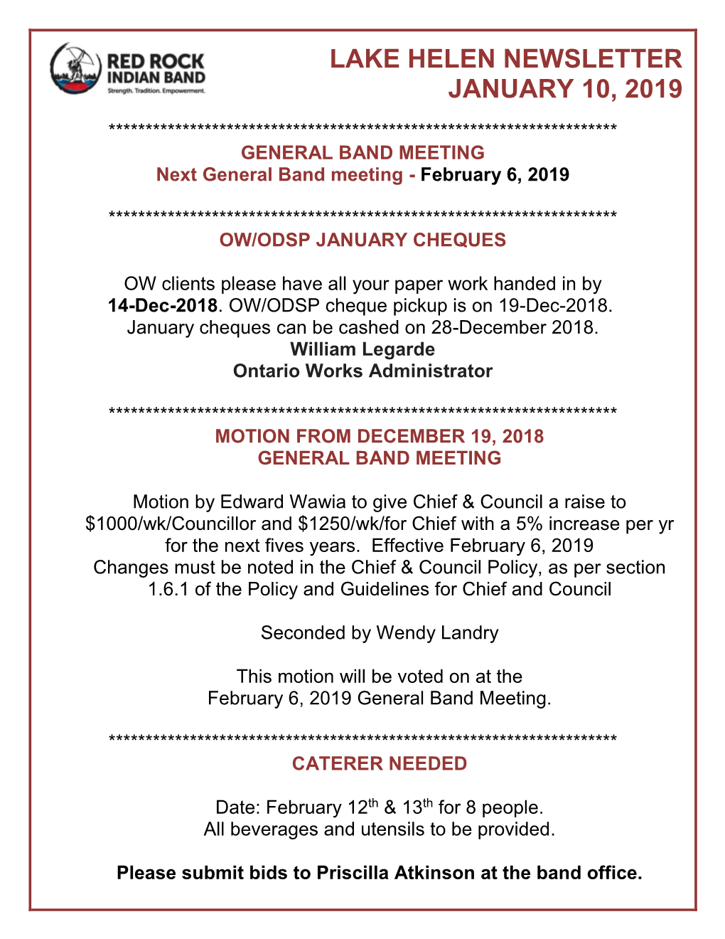 Lake Helen Newsletter January 10, 2019