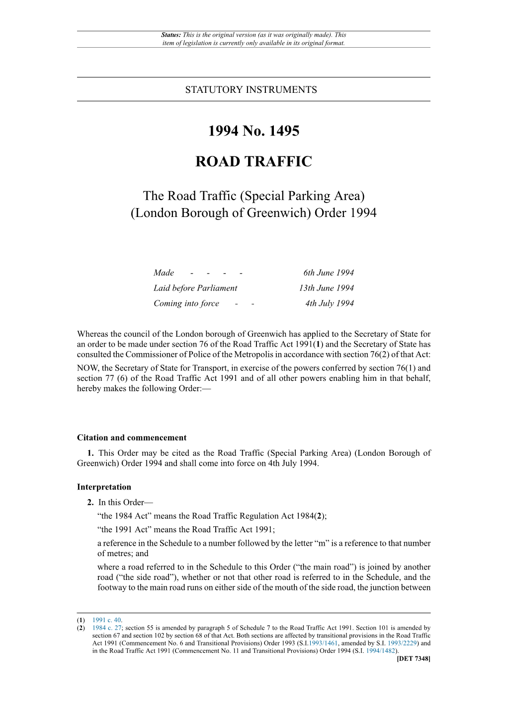 (Special Parking Area) (London Borough of Greenwich) Order 1994