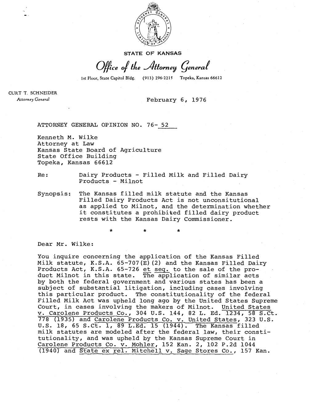 1976-052 | 2/6/1976 | Kansas Attorney General Opinion | Curt T. Schneider