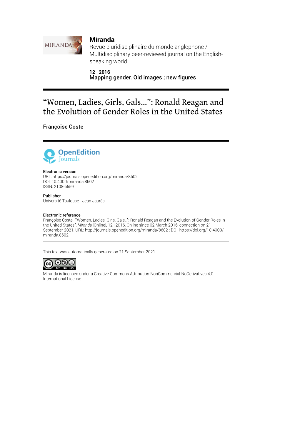 Women, Ladies, Girls, Gals…”: Ronald Reagan and the Evolution of Gender Roles in the United States