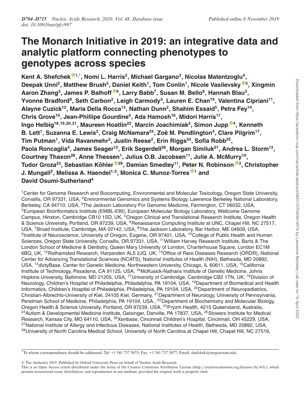 The Monarch Initiative in 2019: an Integrative Data and Analytic Platform Connecting Phenotypes to Genotypes Across Species