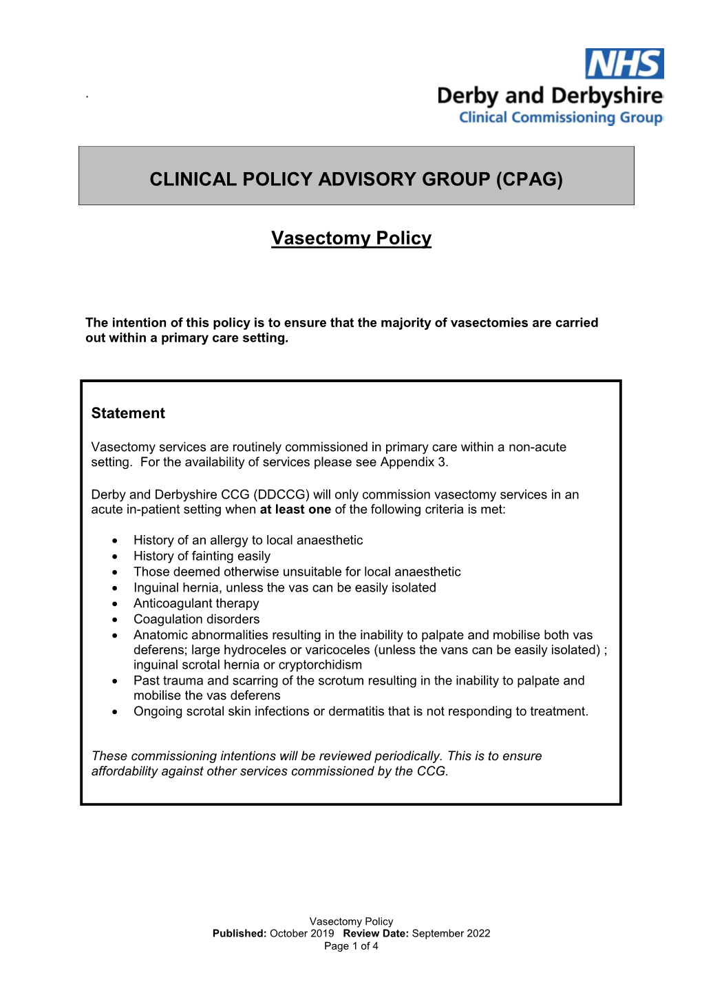 Vasectomy Policy CLINICAL POLICY ADVISORY GROUP