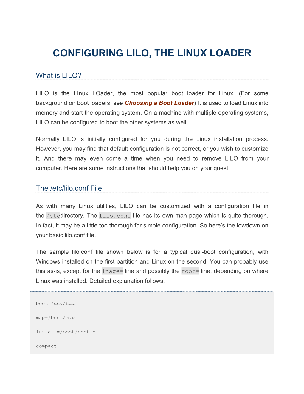 Configuring Lilo, the Linux Loader